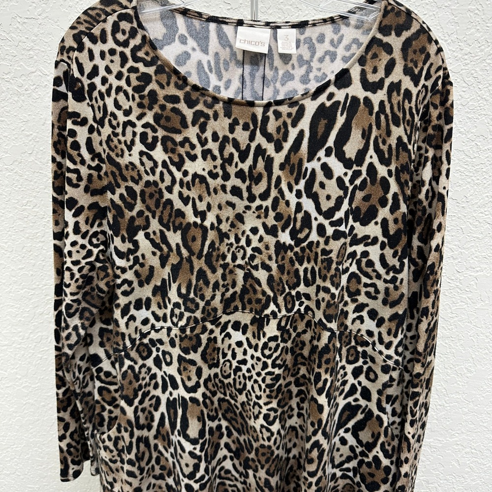 Chicos Leopard Print Button Back Tunic Top Brown Black Animal Print Size 3 XL